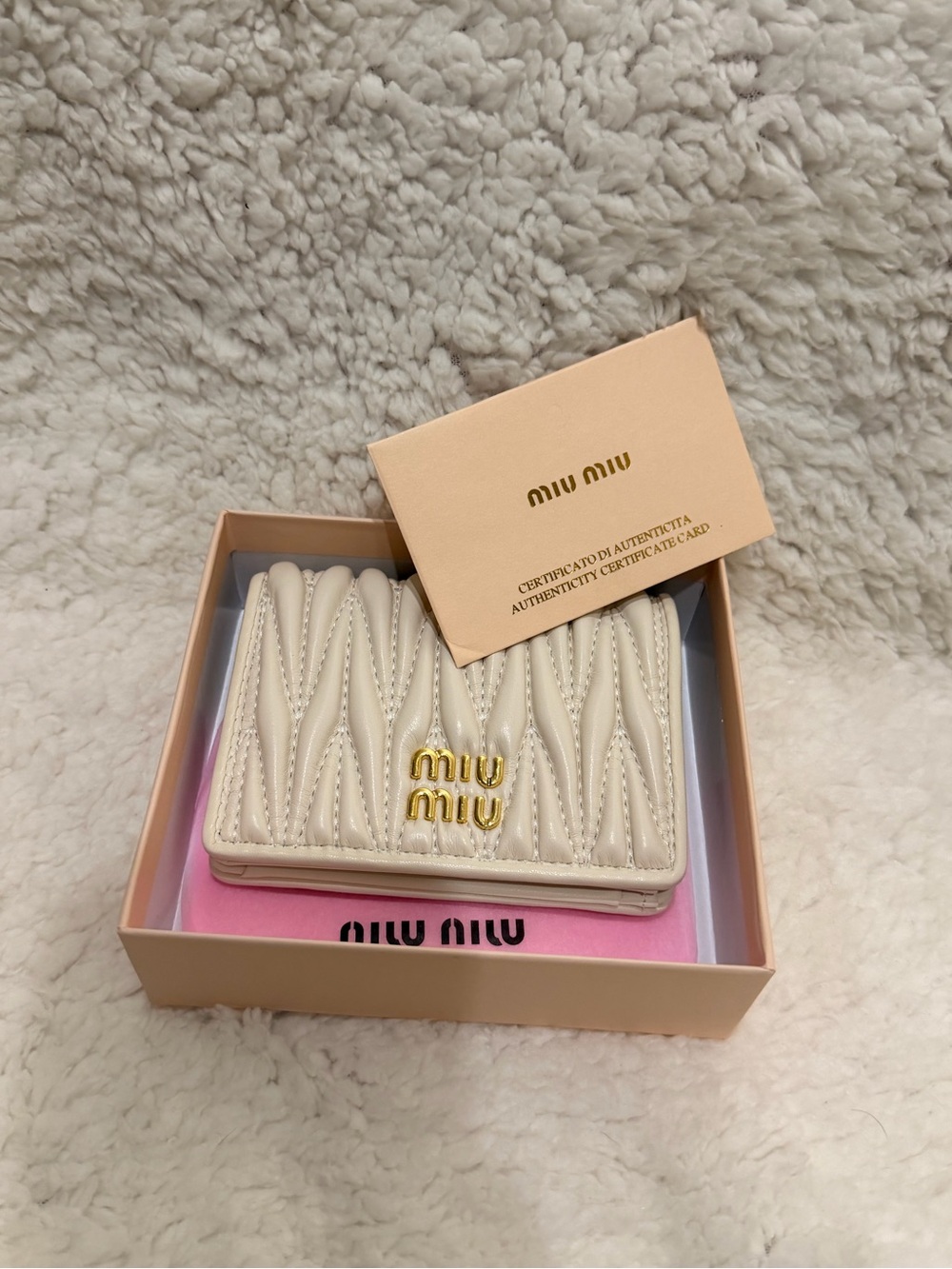 Miu Miu Cream Quilted Leather Card Wallet with Gold Logo